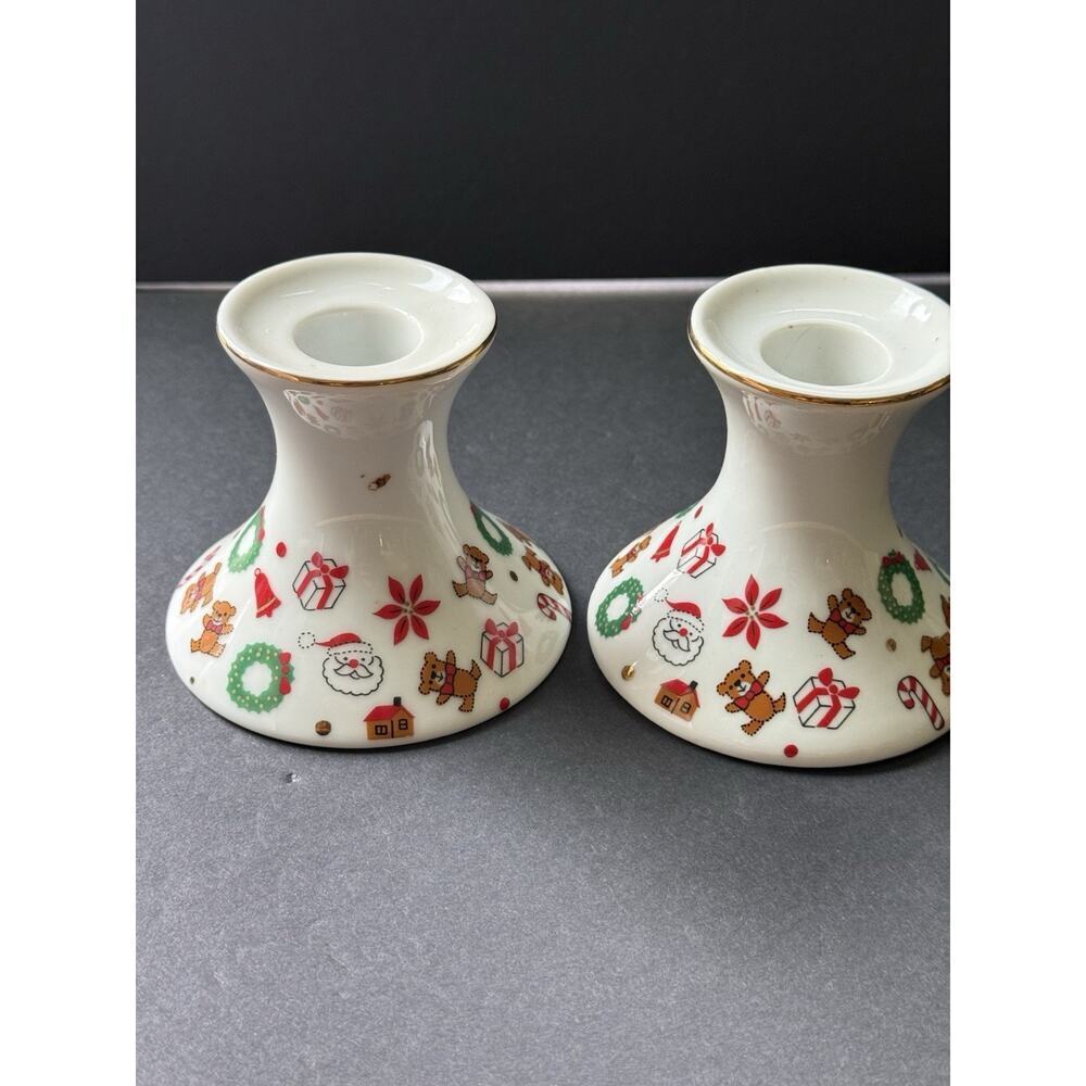 Vintage Porcelain Ceramic Christmas Candle Holders Holiday Set Made In Japan